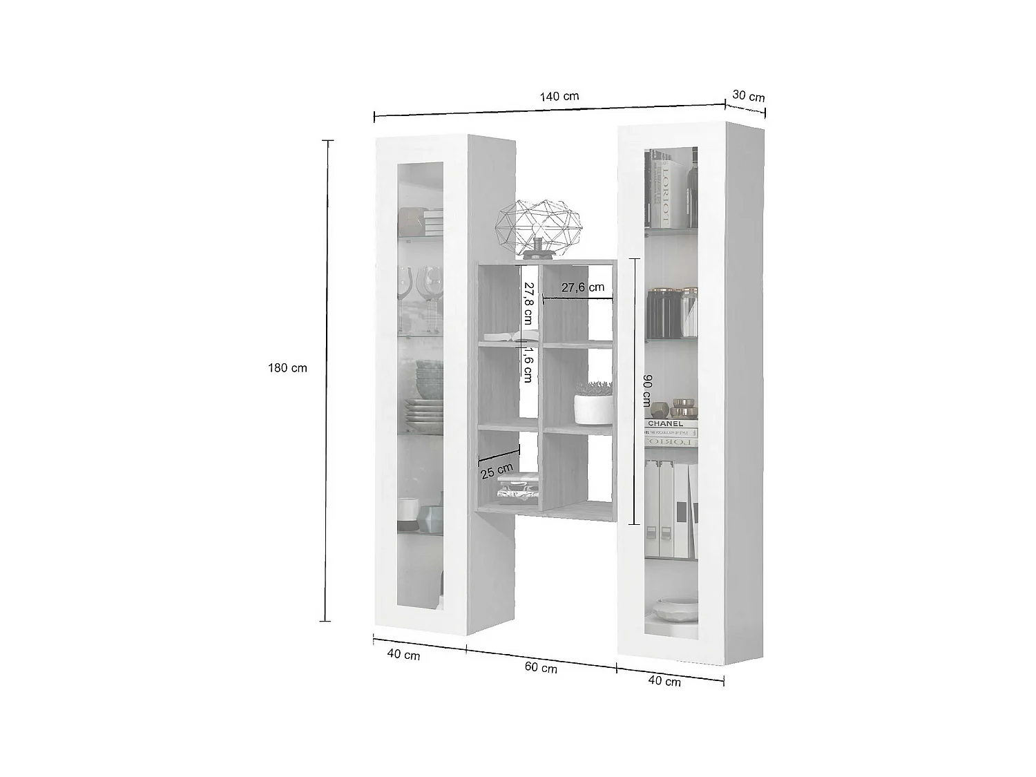 Parete attrezzata Maruska set soggiorno bianco lucido e rovere 140x30x180 cm