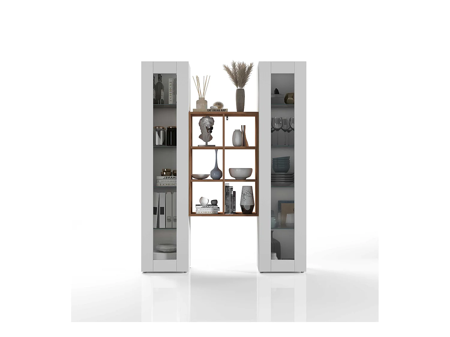 Parete attrezzata Maruska set soggiorno bianco lucido e rovere 140x30x180 cm