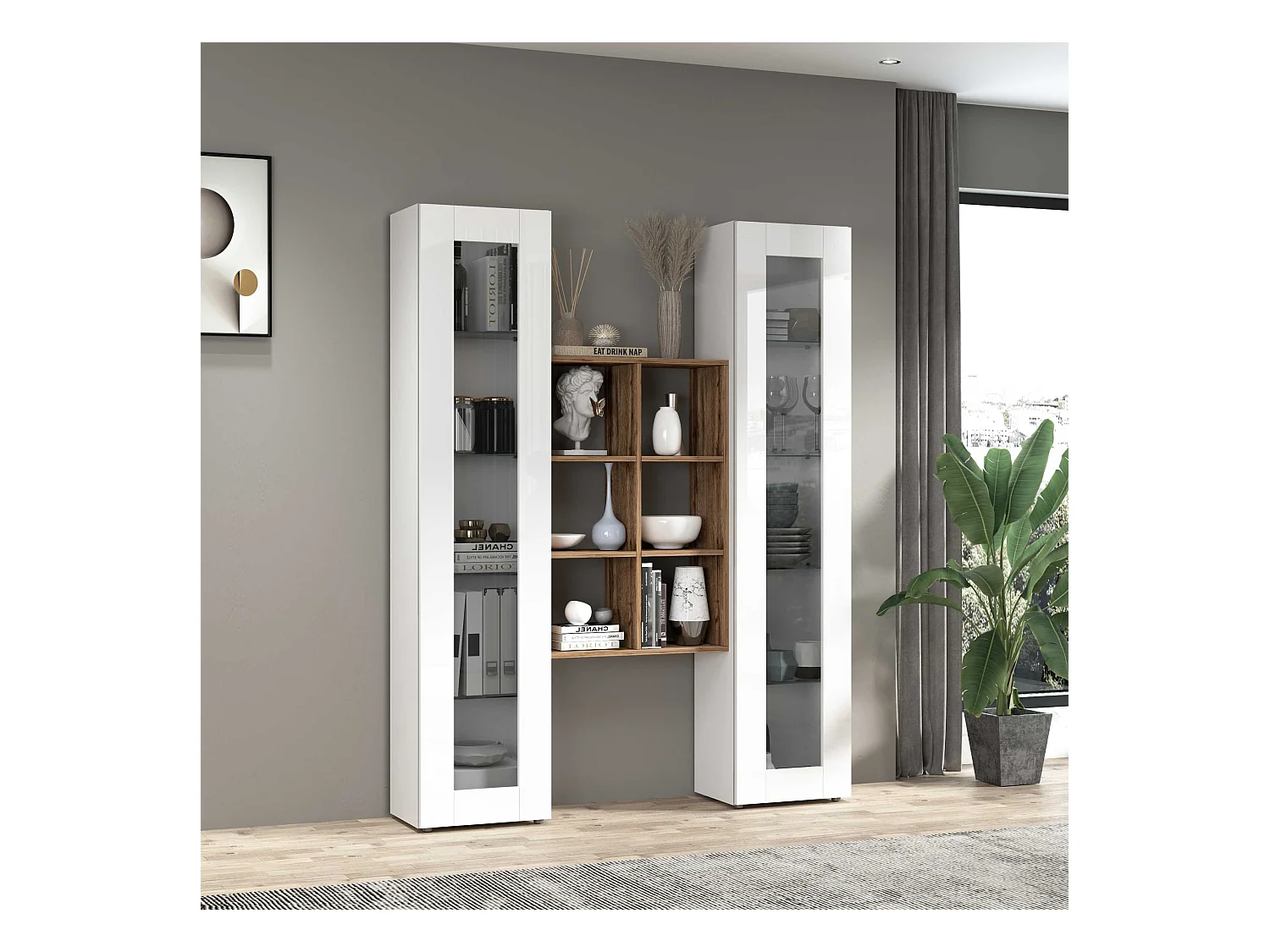 Parete attrezzata Maruska set soggiorno bianco lucido e rovere 140x30x180 cm