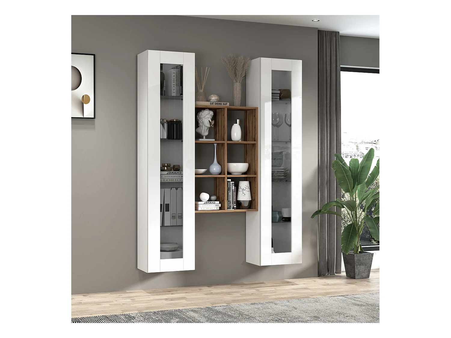 Parete attrezzata Maruska set soggiorno bianco lucido e rovere 140x30x180 cm