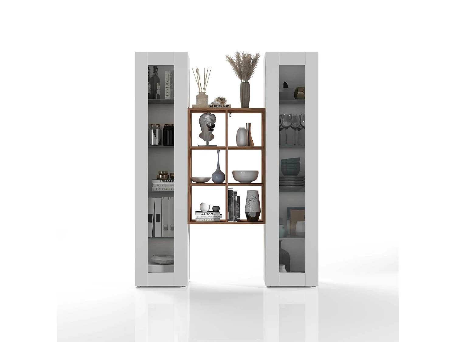 Parete attrezzata Maruska set soggiorno bianco lucido e rovere 140x30x180 cm