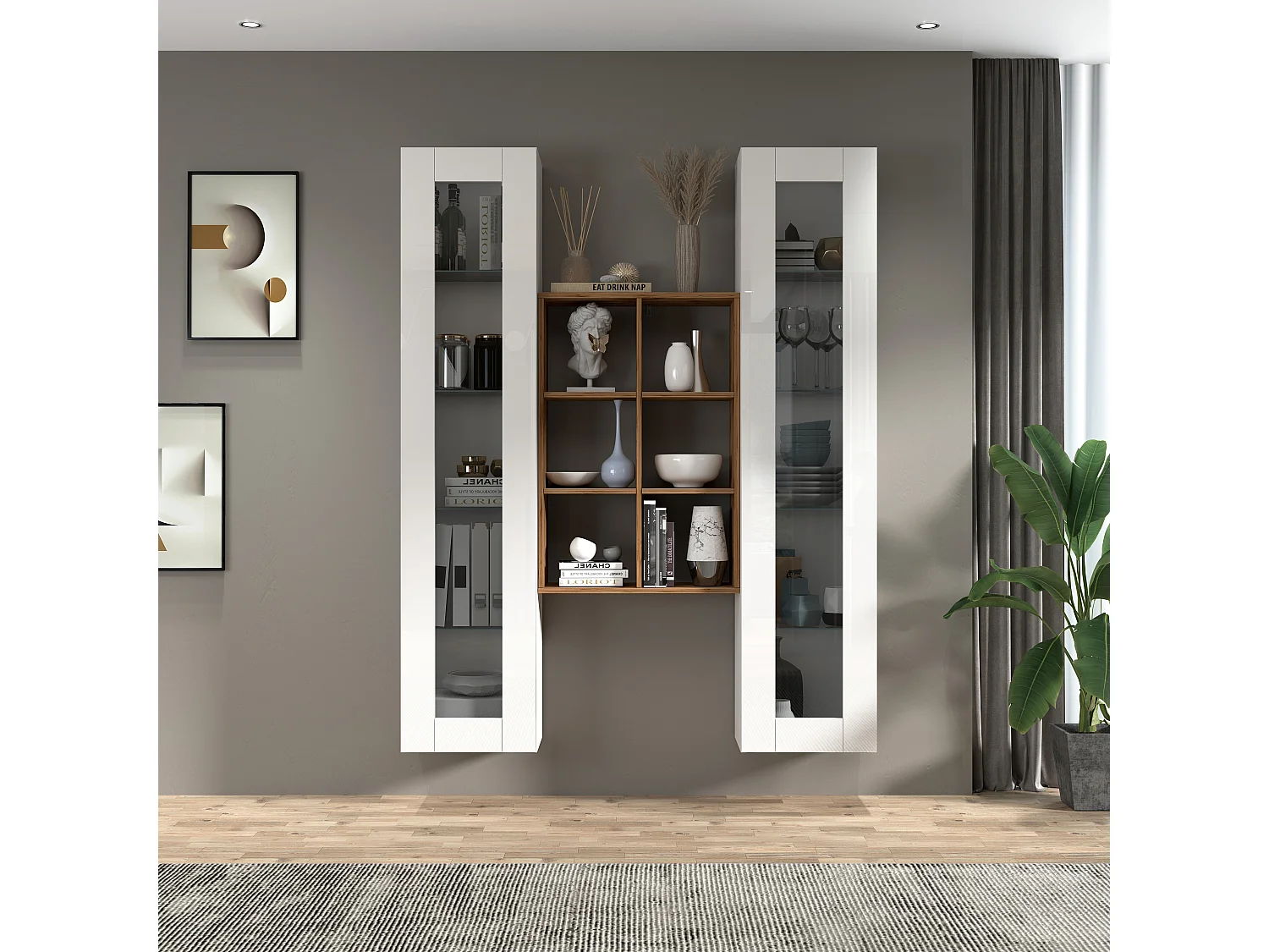 Armário de TV branco de parede para sala de estar Kesia WH com 2 vitrines e estante de madeira