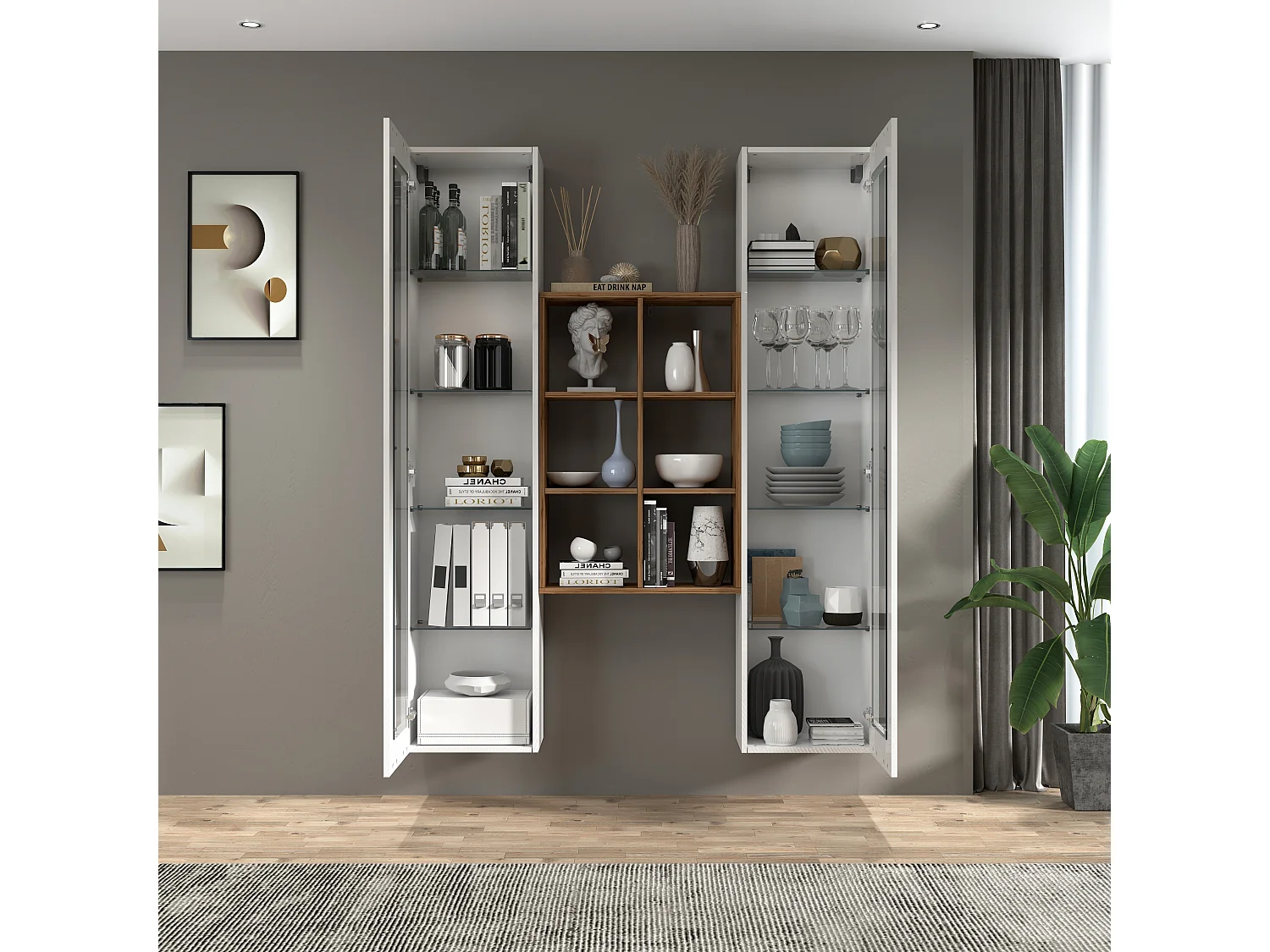 Armário de TV branco de parede para sala de estar Kesia WH com 2 vitrines e estante de madeira