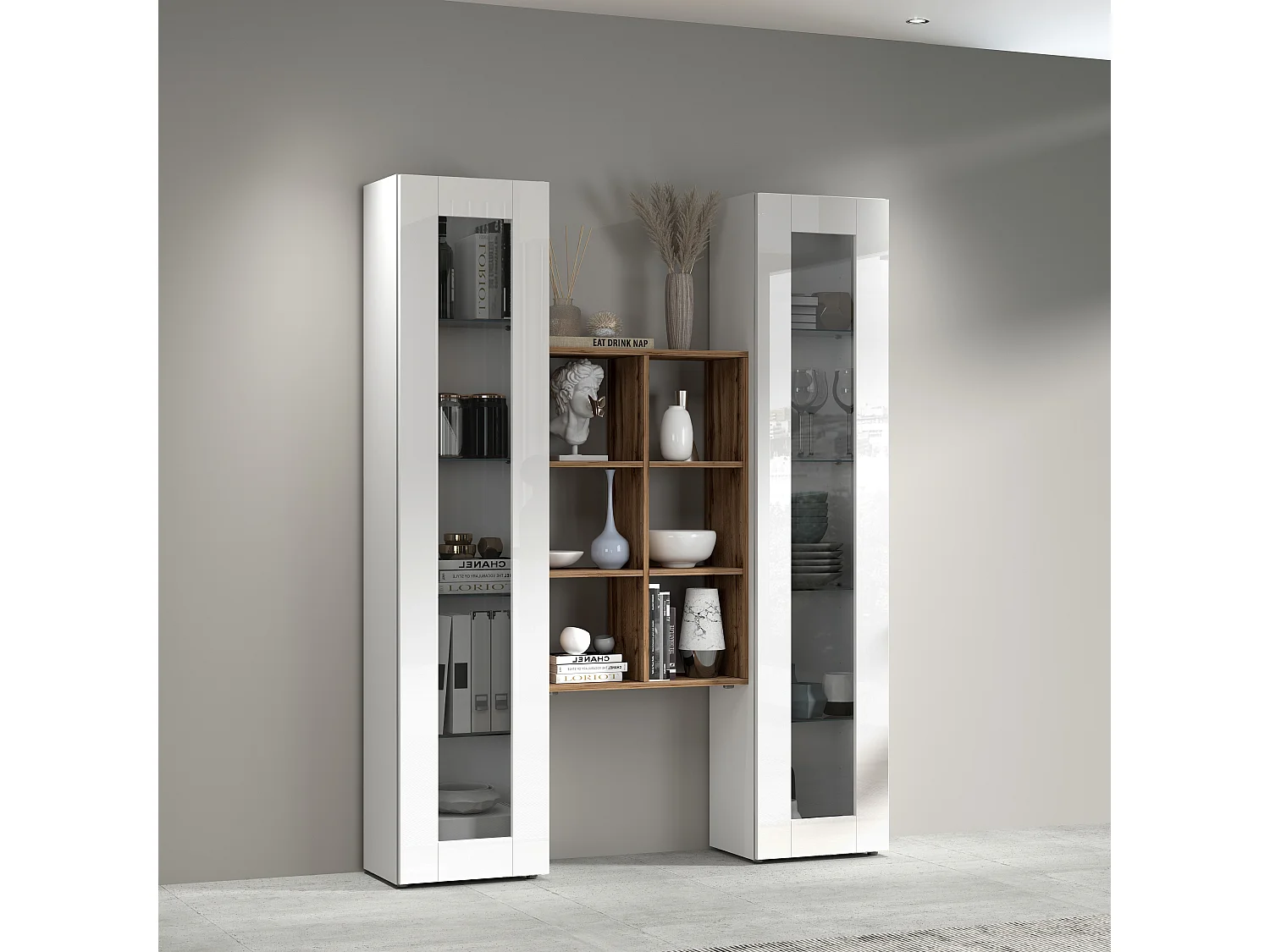Armário de TV branco de parede para sala de estar Kesia WH com 2 vitrines e estante de madeira