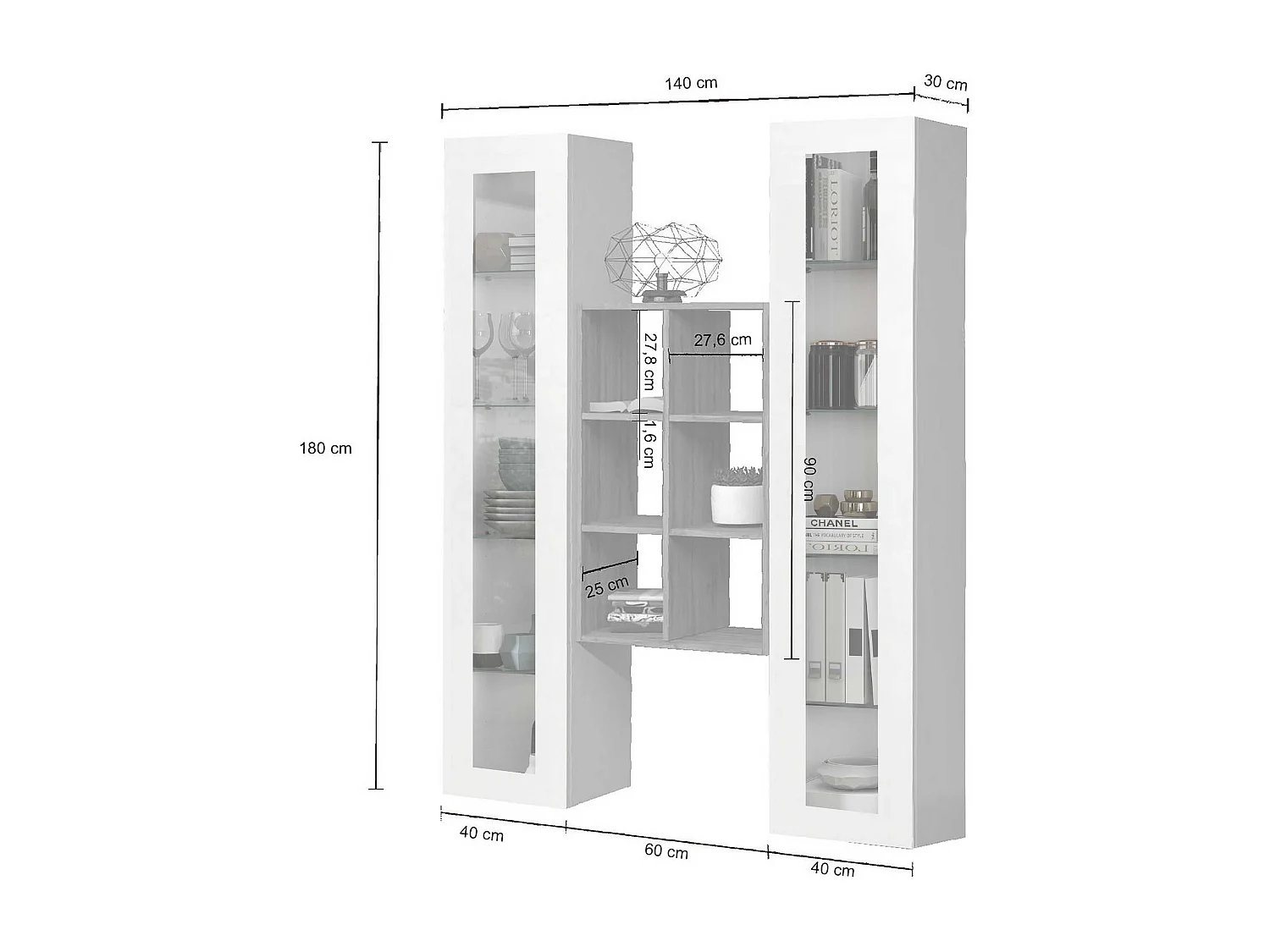 Armário de TV branco de parede para sala de estar Kesia WH com 2 vitrines e estante de madeira