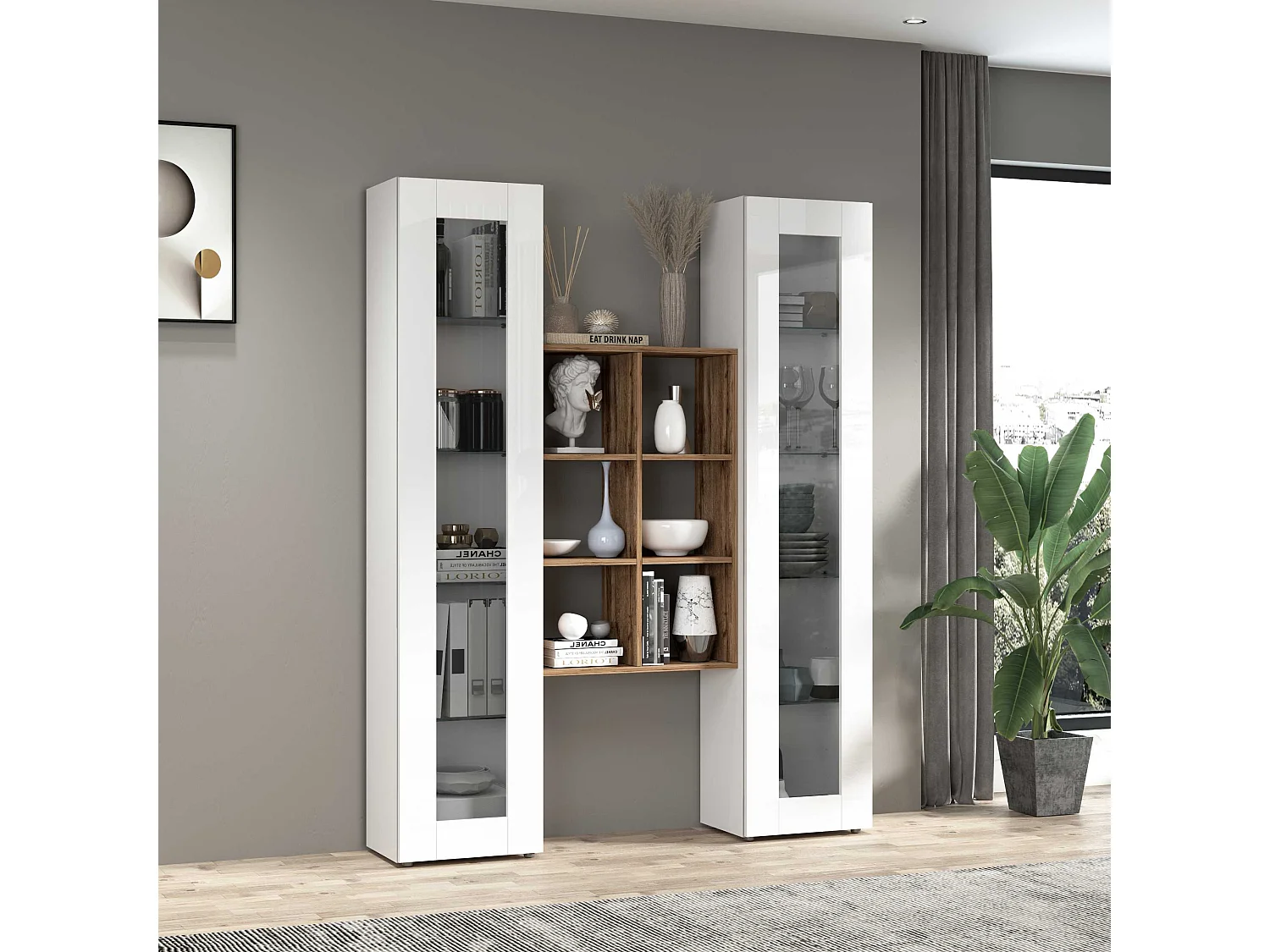 Armário de TV branco de parede para sala de estar Kesia WH com 2 vitrines e estante de madeira