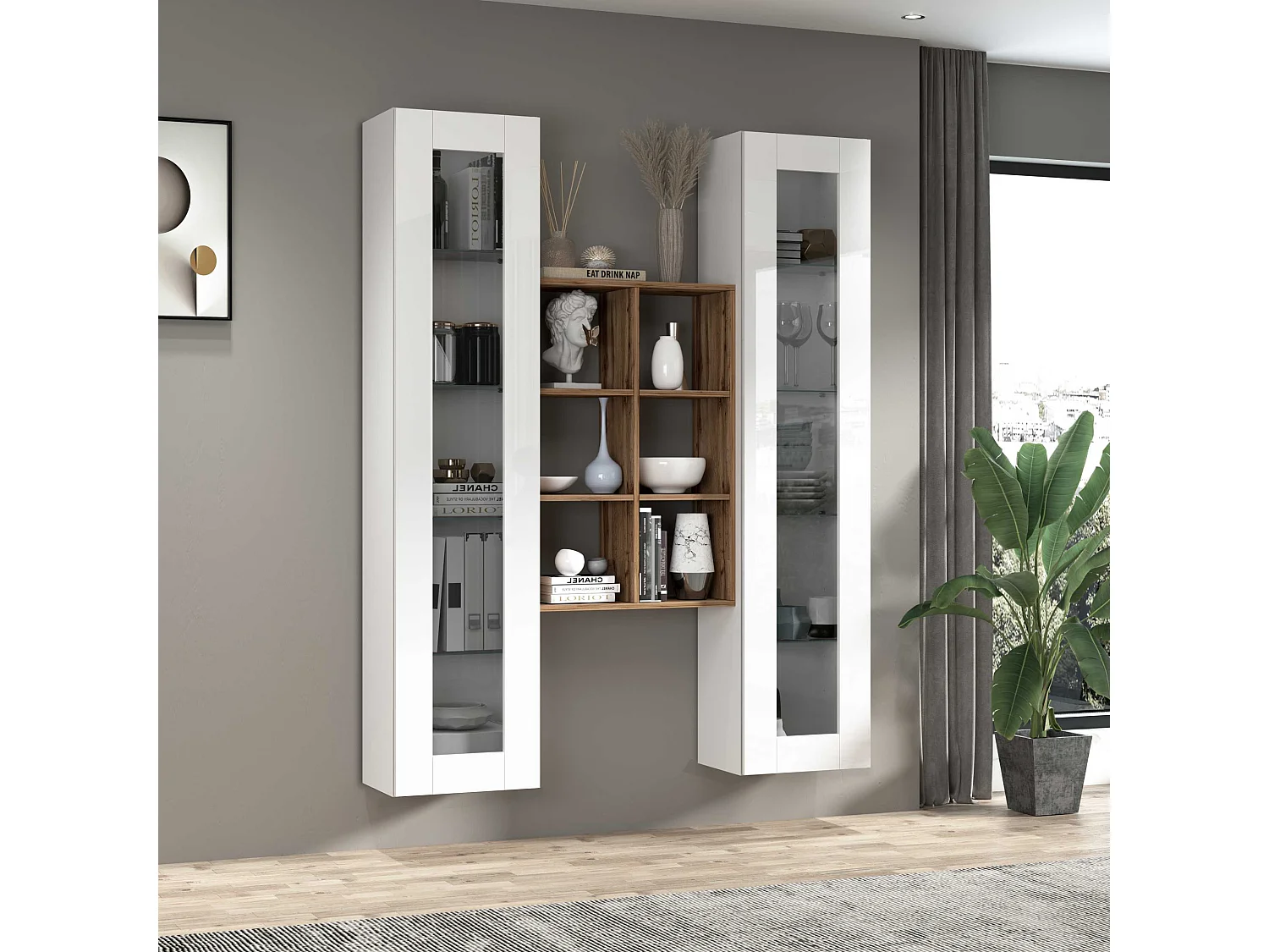 Armário de TV branco de parede para sala de estar Kesia WH com 2 vitrines e estante de madeira