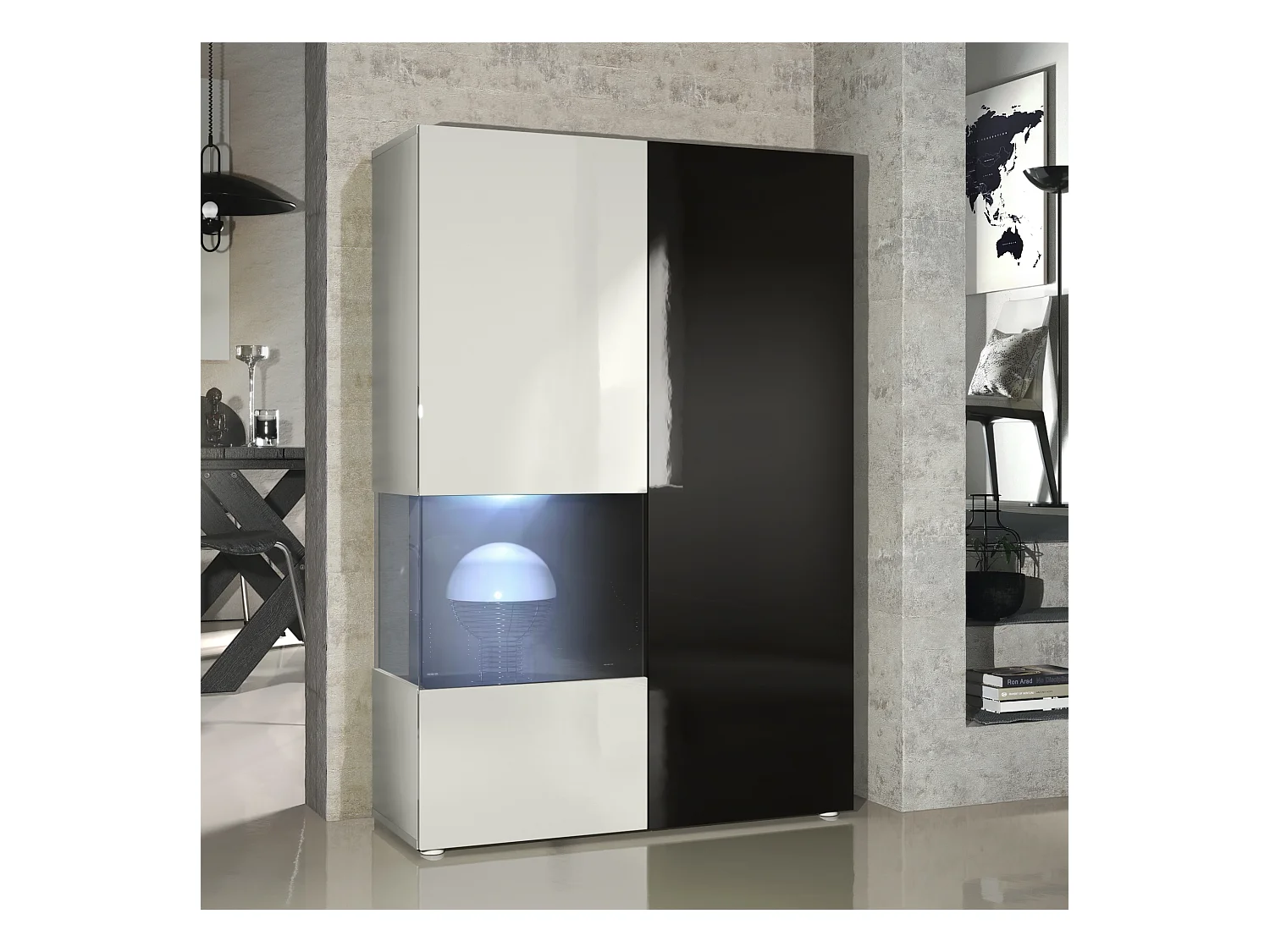 Vitrine Armoire Morena, Corps en Blanc mat / Porte droite et insert en Blanc haute brillance avec éclairage LED