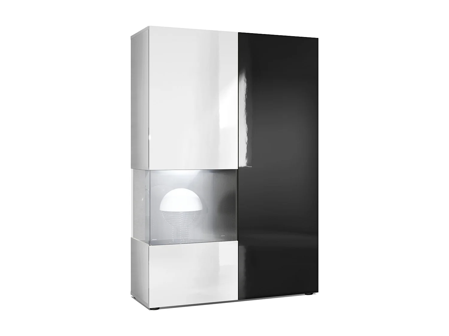 Armadio espositivo alto Morena, struttura in bianco opaco / anta destra e inserto in nero lucido con illuminazione a LED