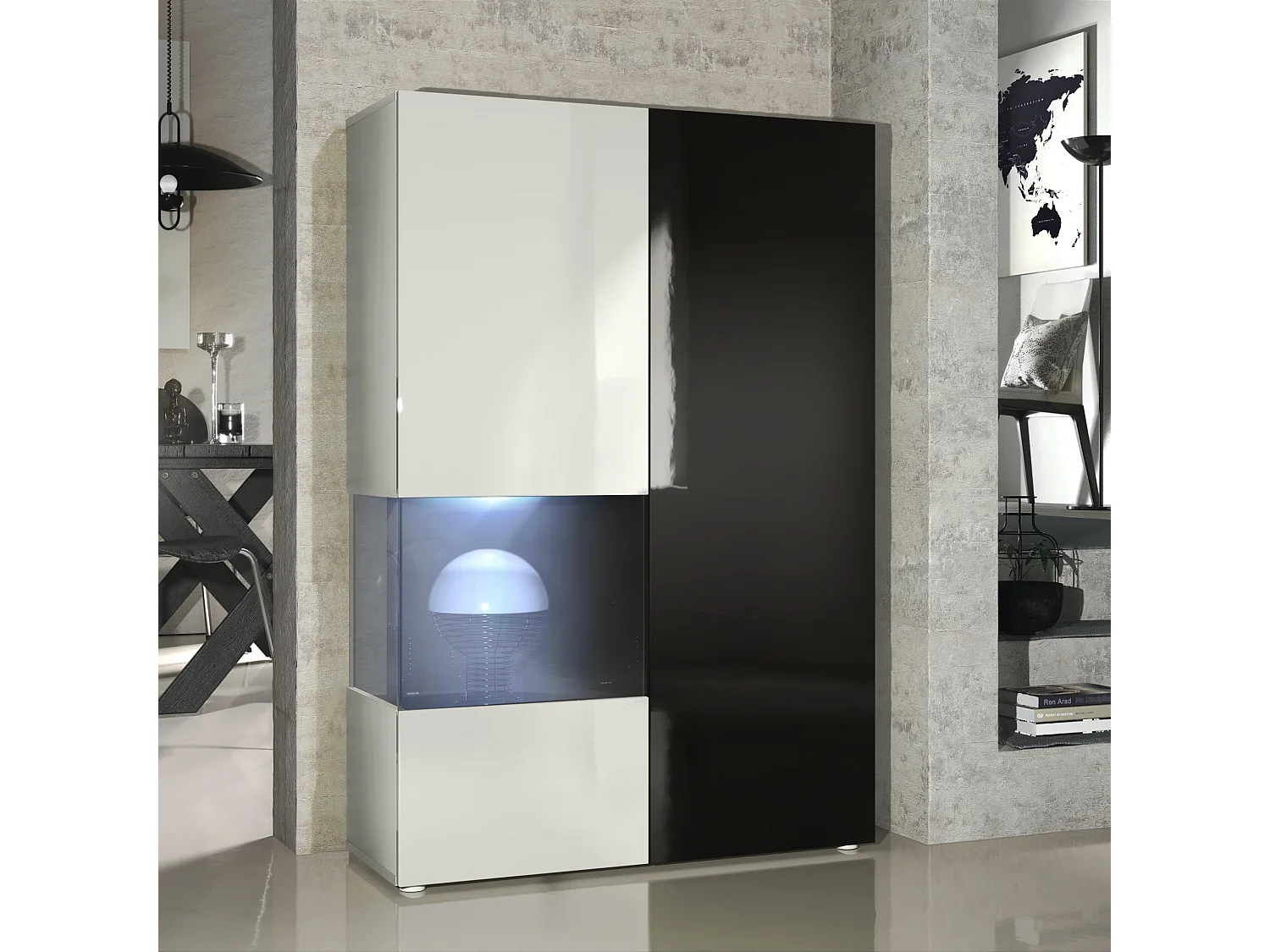 Armadio espositivo alto Morena, struttura in bianco opaco / anta destra e inserto in nero lucido con illuminazione a LED