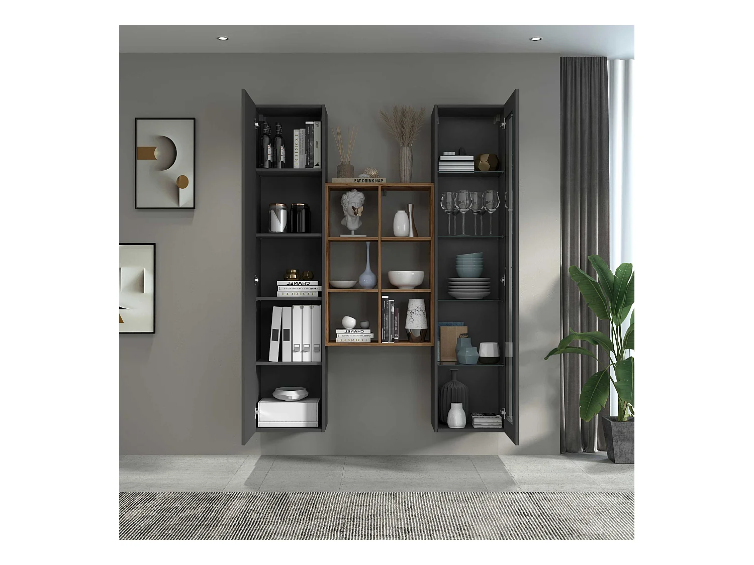 Set soggiorno Maruska con libreria vetrina e colonna antracite e rovere 140x30x180 cm