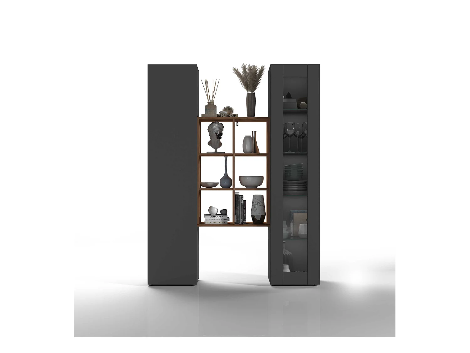 Set soggiorno Maruska con libreria vetrina e colonna antracite e rovere 140x30x180 cm