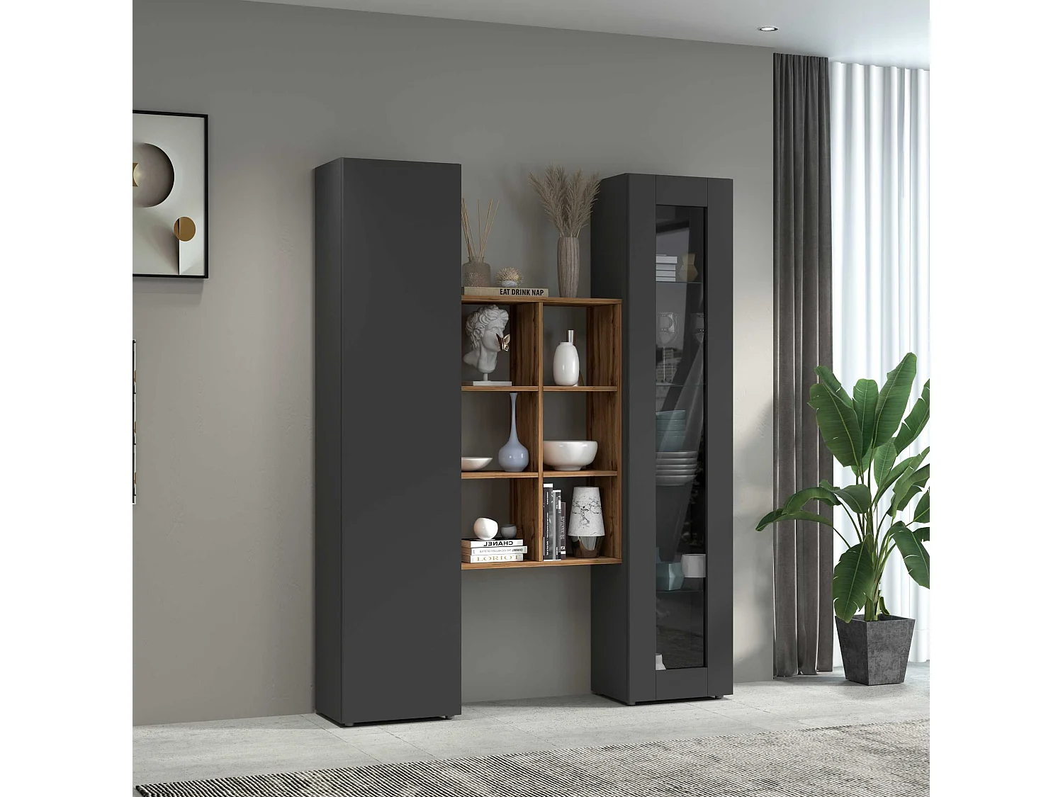 Set soggiorno Maruska con libreria vetrina e colonna antracite e rovere 140x30x180 cm