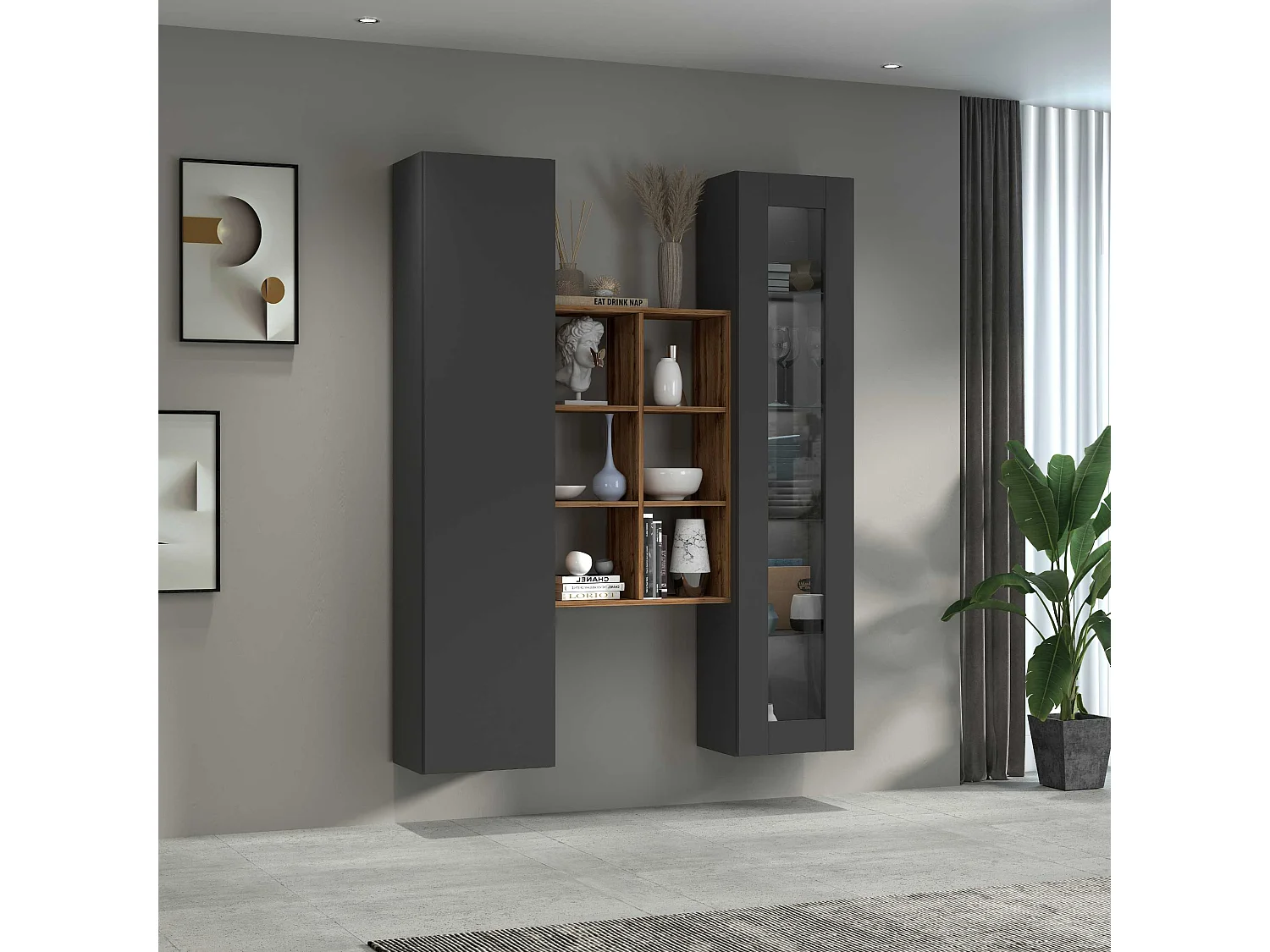 Set soggiorno Maruska con libreria vetrina e colonna antracite e rovere 140x30x180 cm