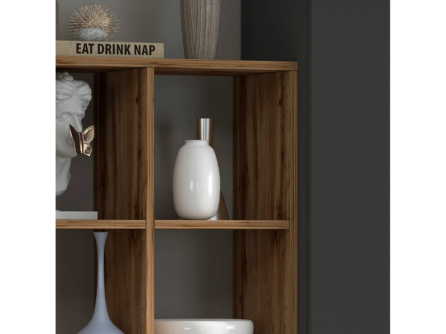 Set soggiorno Maruska con libreria vetrina e colonna antracite e rovere 140x30x180 cm