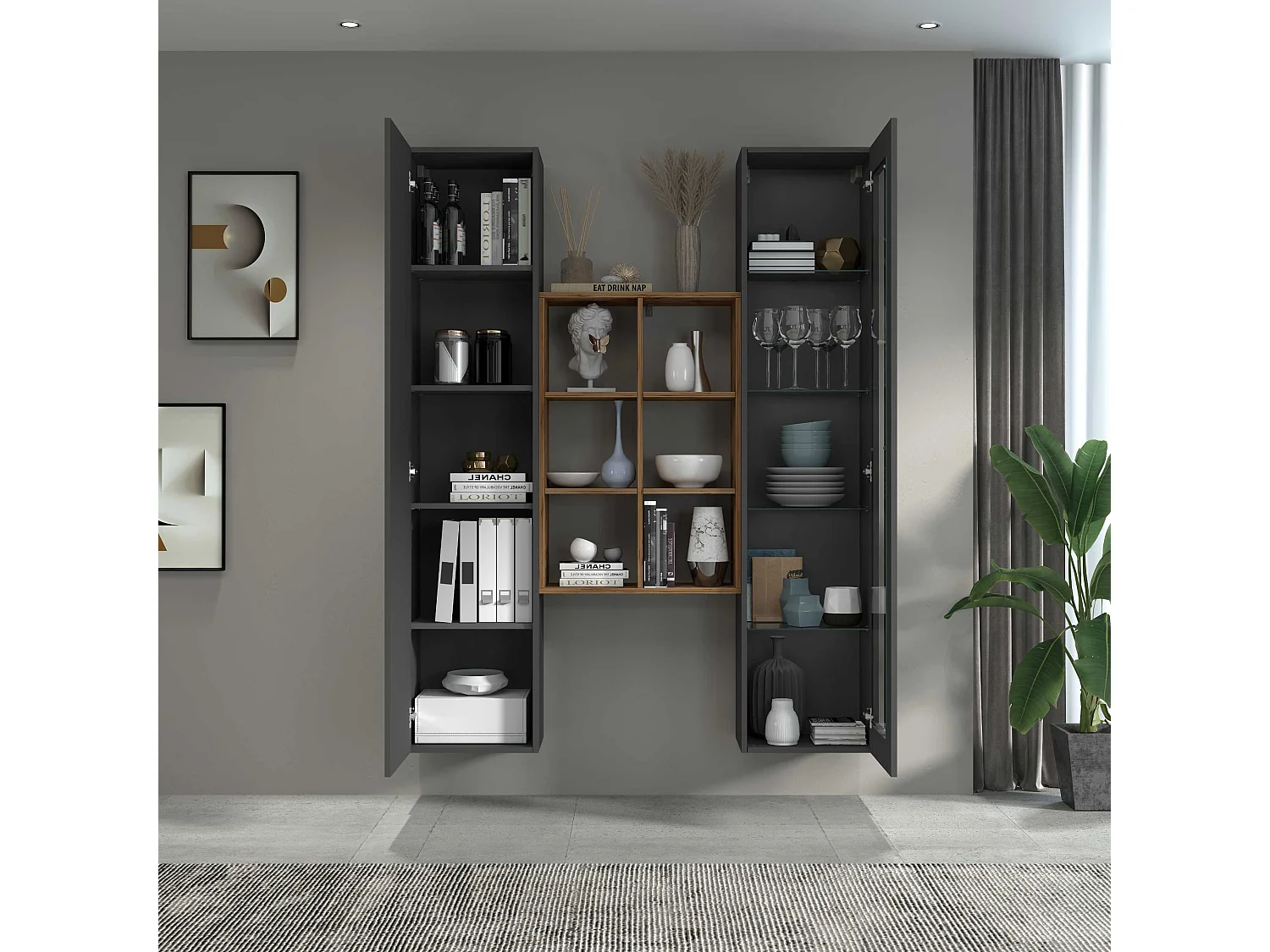 Bibliothèque moderne avec armoire et vitrine bois Teret RT