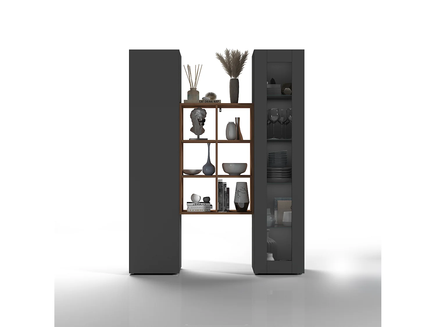 Moderne Wohnwand mit Vitrine, Schrank und Bücherregal aus Holz Teret RT