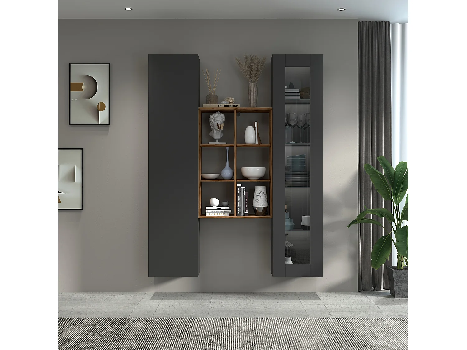 Moderne Wohnwand mit Vitrine, Schrank und Bücherregal aus Holz Teret RT
