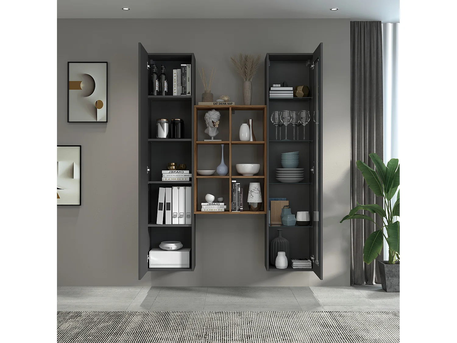 Moderne Wohnwand mit Vitrine, Schrank und Bücherregal aus Holz Teret RT