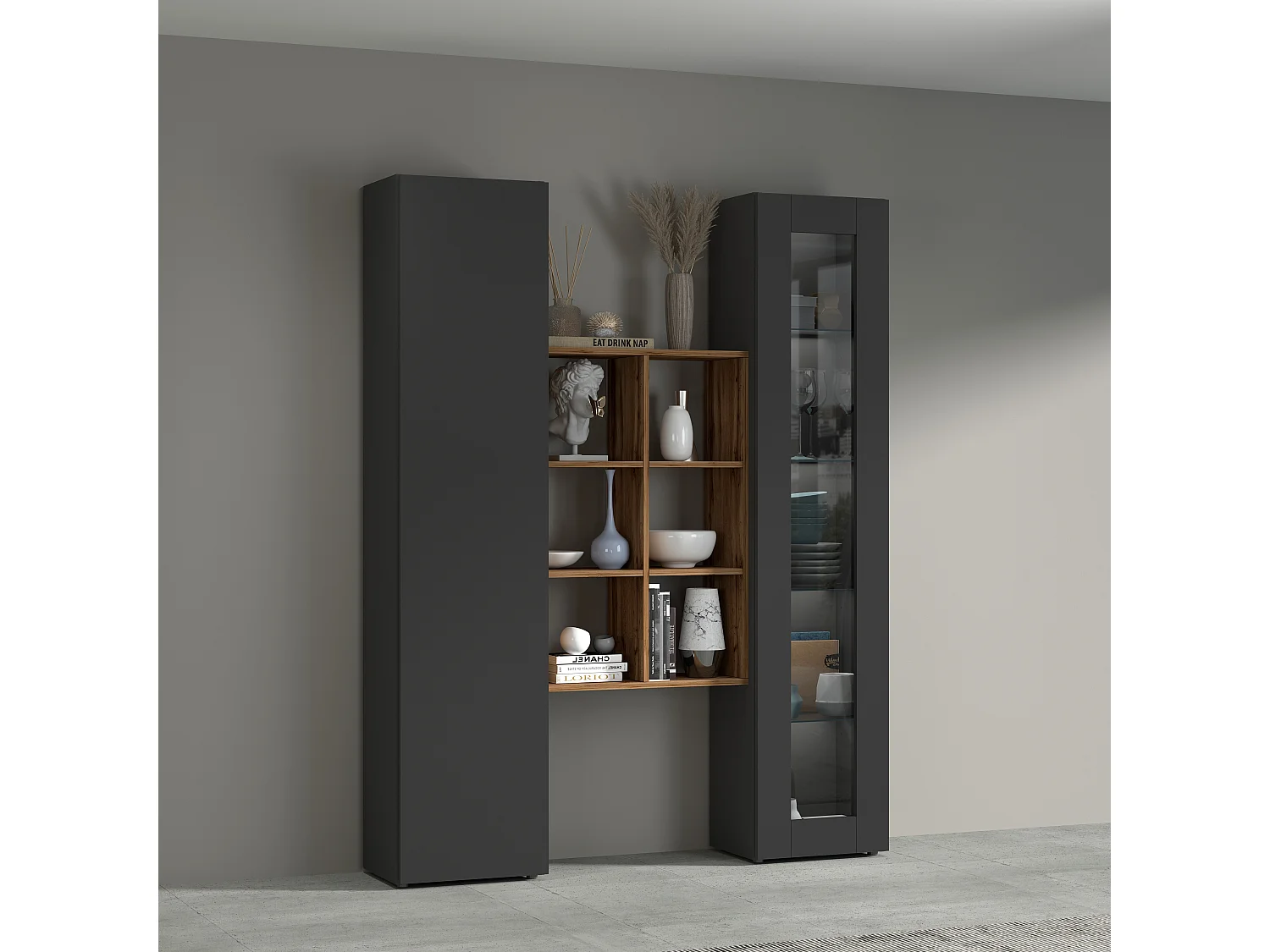Moderne Wohnwand mit Vitrine, Schrank und Bücherregal aus Holz Teret RT