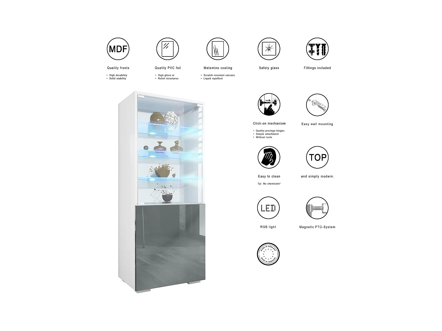 Vitrine Granada de , Armoire Vitrée Made in Germany avec Porte en Verre et Insert en Verre y compris LED, blanc mat/blanc mat (50 x 122,5 x 34,5 cm)