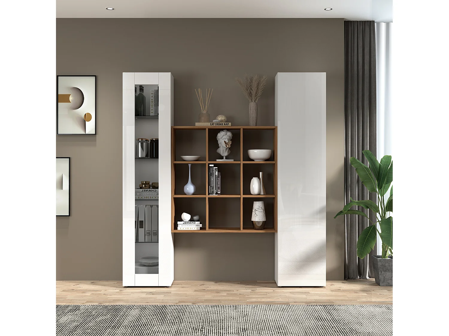 Tilla WH: Painel de parede branco para sala de estar, vitrina e estante