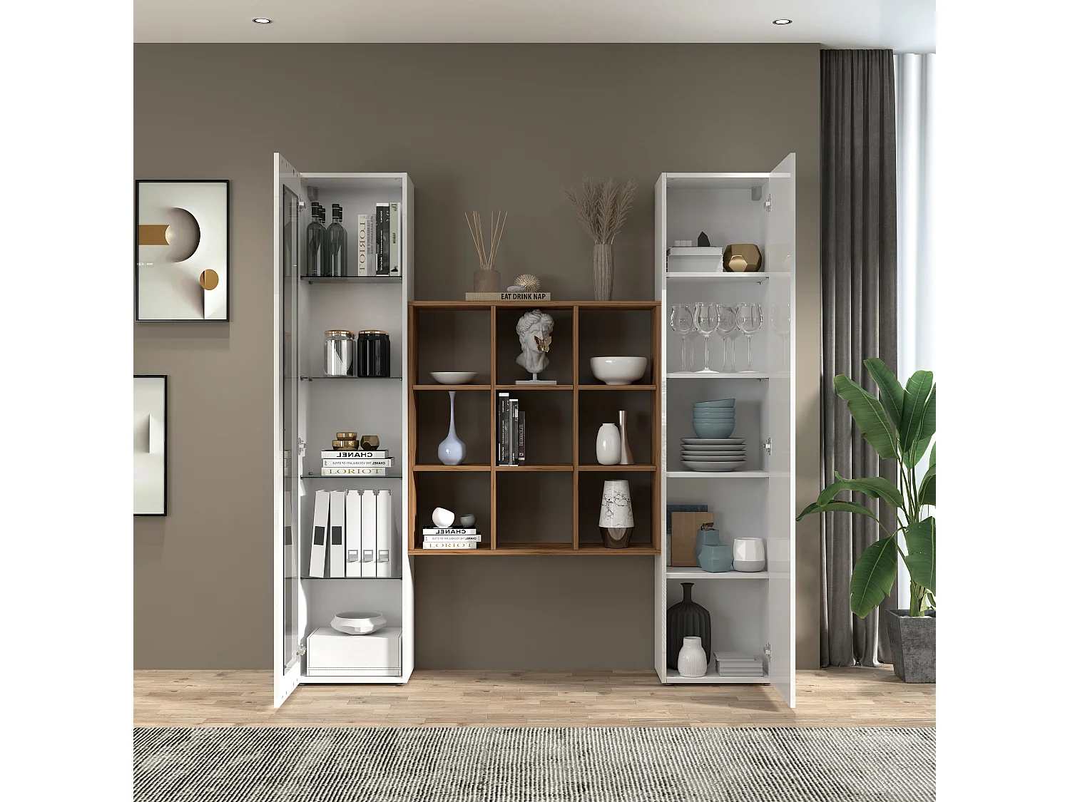 Tilla WH: Painel de parede branco para sala de estar, vitrina e estante