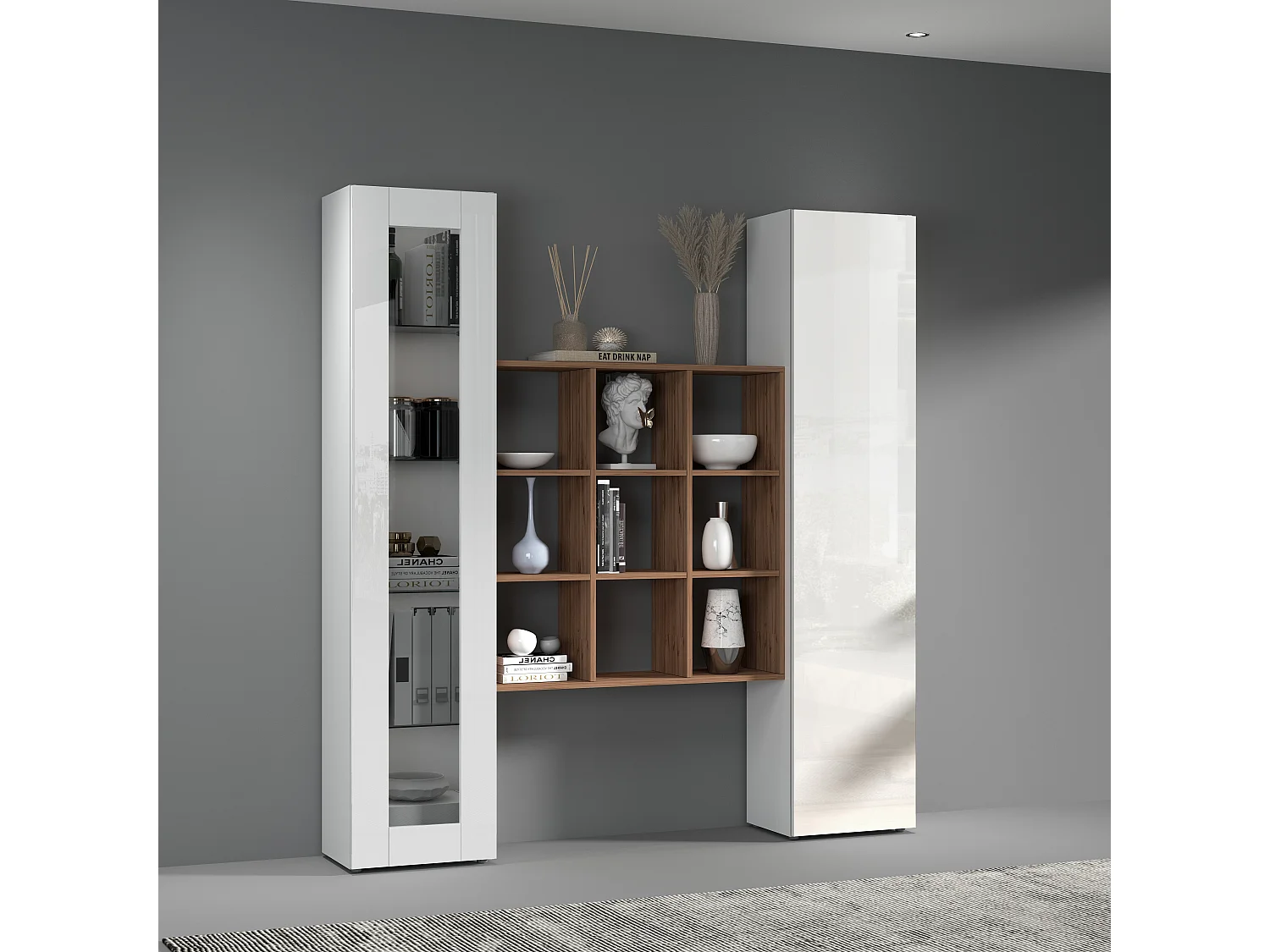 Tilla WH: Painel de parede branco para sala de estar, vitrina e estante
