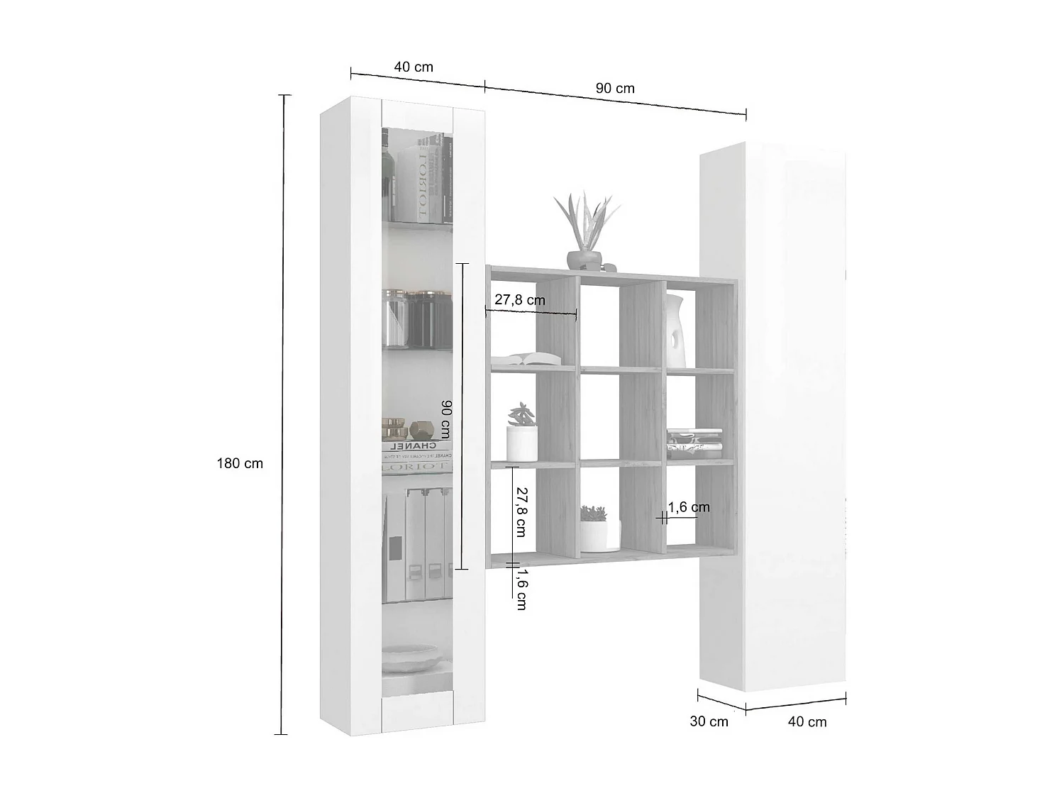 Tilla WH: Painel de parede branco para sala de estar, vitrina e estante