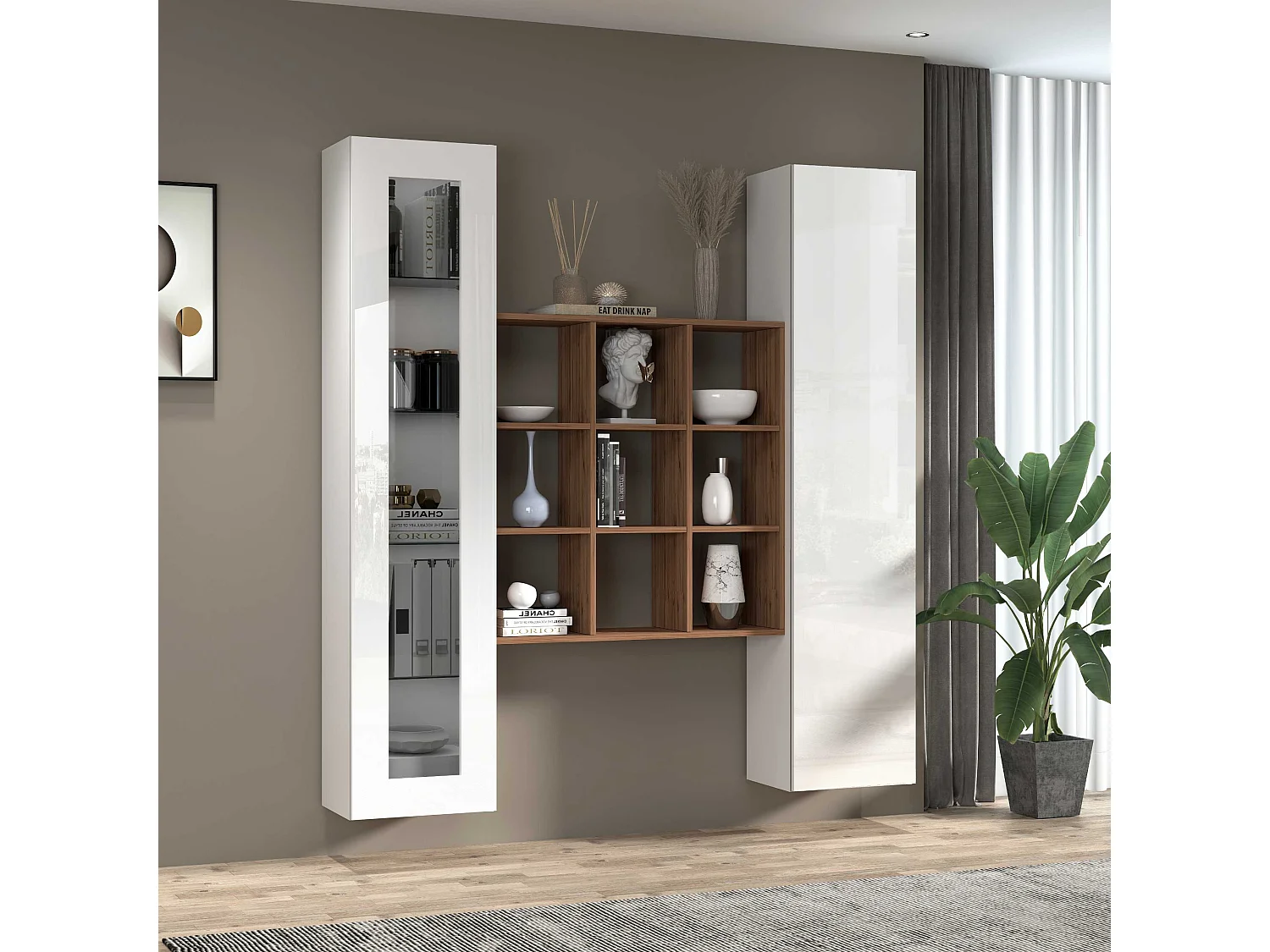 Tilla WH: Painel de parede branco para sala de estar, vitrina e estante