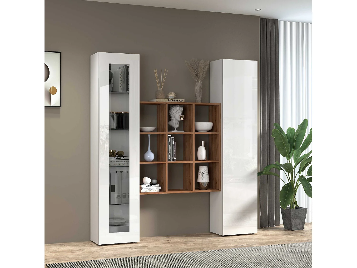 Tilla WH: Painel de parede branco para sala de estar, vitrina e estante