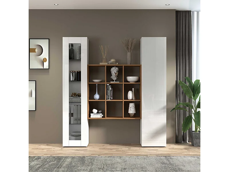Parete attrezzata Maruska set soggiorno bianco lucido e rovere 170x30x180 cm
