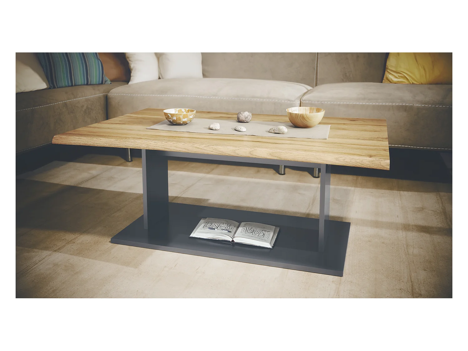 Table de Salon Table basse Melo en Anthracite avec plateau de dessus en chêne nature 102 x 40 x 67,5 cm