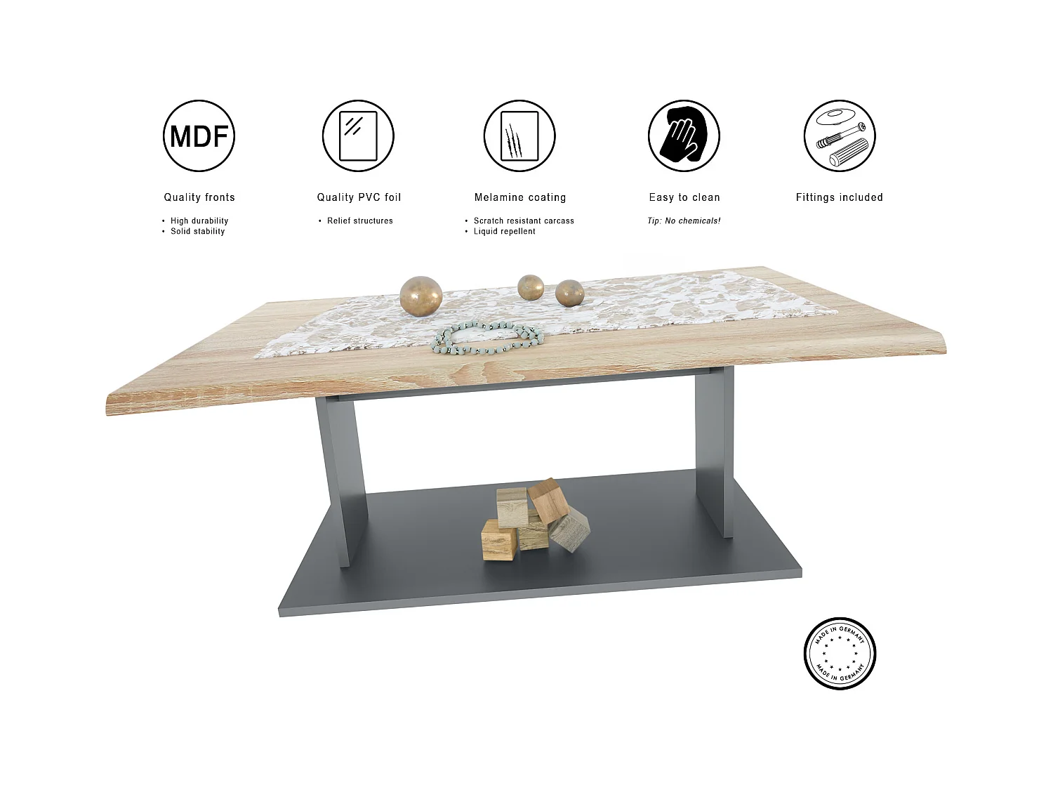 Table de Salon Table basse Melo en Anthracite avec plateau de dessus en chêne nature 102 x 40 x 67,5 cm