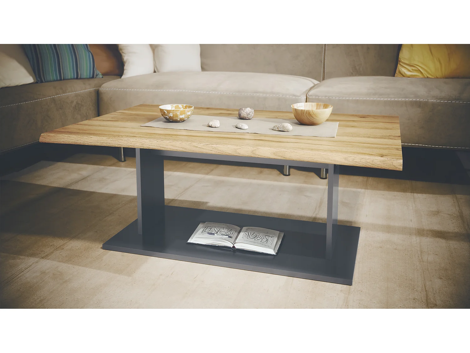 Table de Salon Table basse Melo en Anthracite avec plateau de dessus en chêne nature 102 x 40 x 67,5 cm