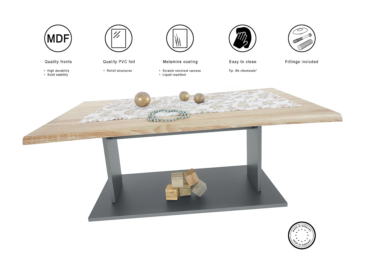 Table de Salon Table basse Melo en Anthracite avec plateau de dessus en chêne nature 102 x 40 x 67,5 cm