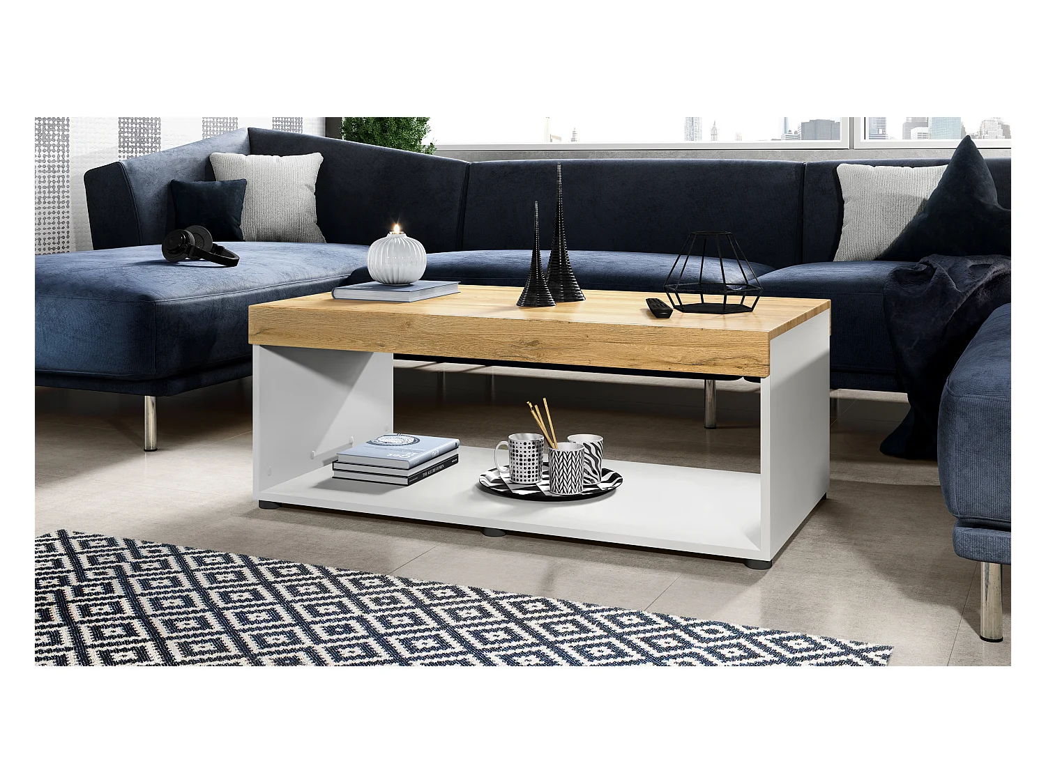 Table de salon Pure, Table basse rectangulaire, Blanc mat/Chêne Nature (104 x 40,5 x 58 cm)