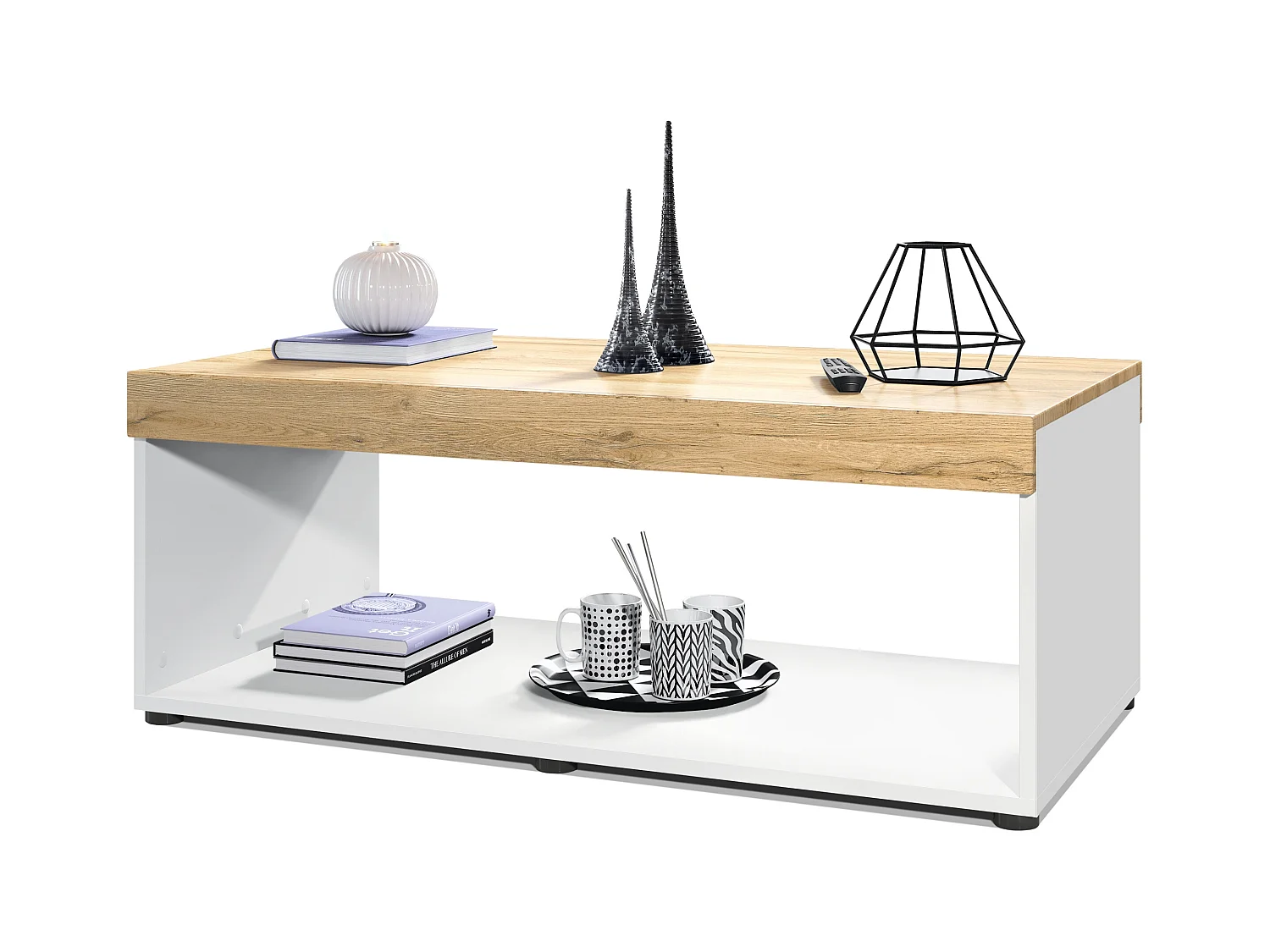 Table de salon Pure, Table basse rectangulaire, Blanc mat/Chêne Nature (104 x 40,5 x 58 cm)