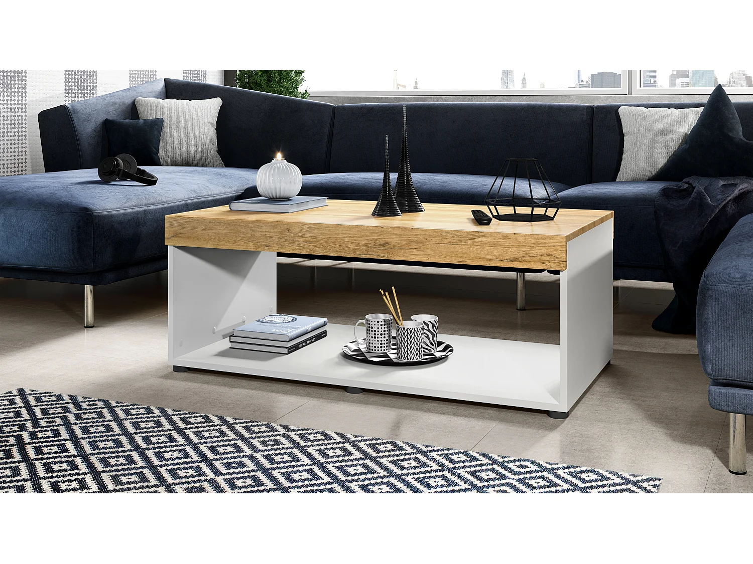 Tavolino  Pure, Tavolo da soggiorno a forma di scatola, bianco opaco/quercia naturale (104 x 40,5 x 58 cm)