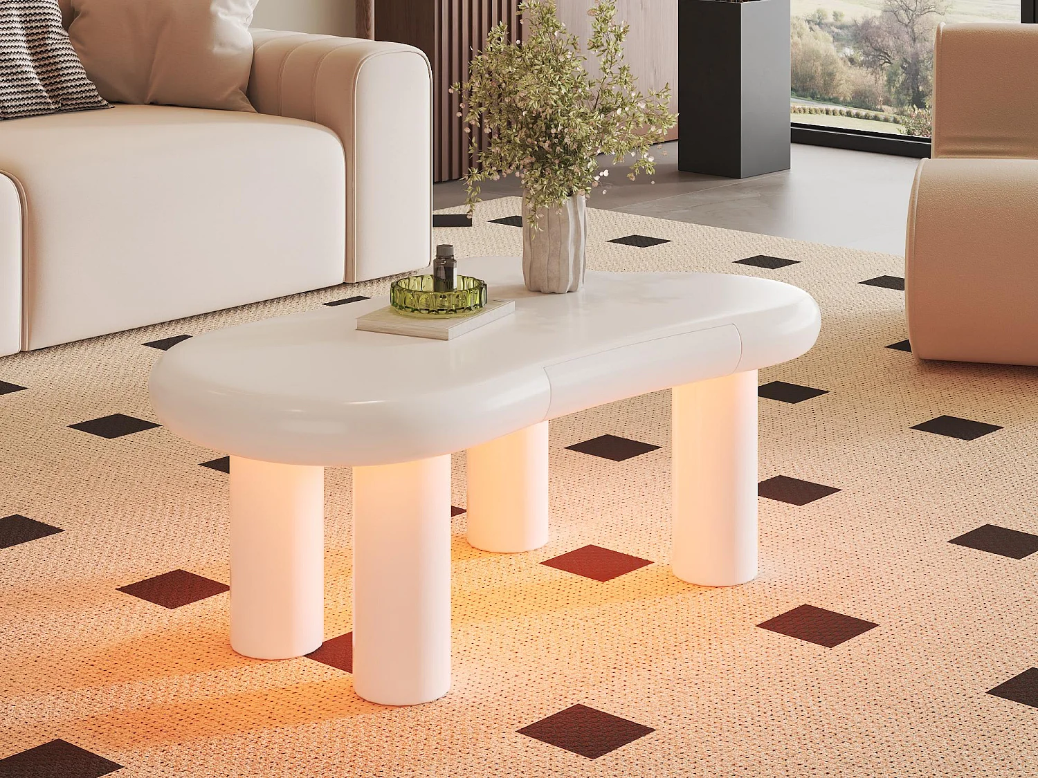 Table basse 98x65.5x40 cm - forme nuage - 1 tiroir - avec éclairage LED - blanc