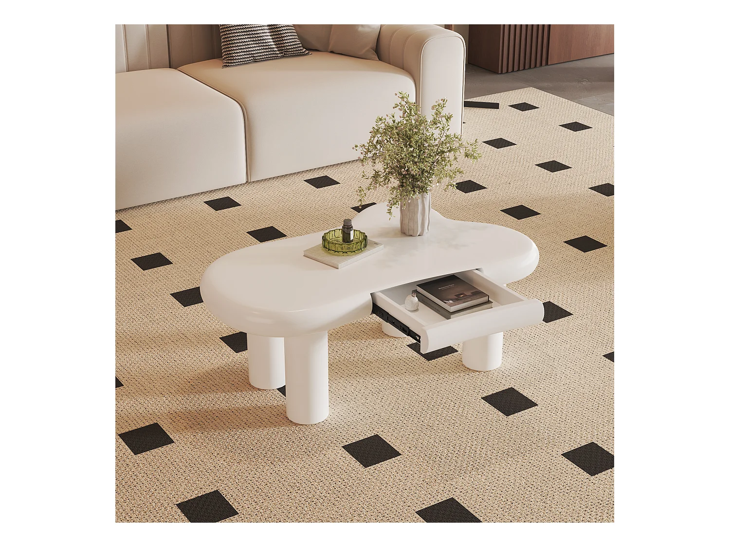 Table basse 98x65.5x40 cm - forme nuage - 1 tiroir - avec éclairage LED - blanc