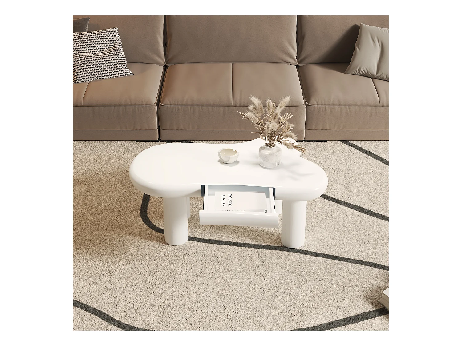 Table basse 98x65.5x40 cm - forme nuage - 1 tiroir - avec éclairage LED - blanc