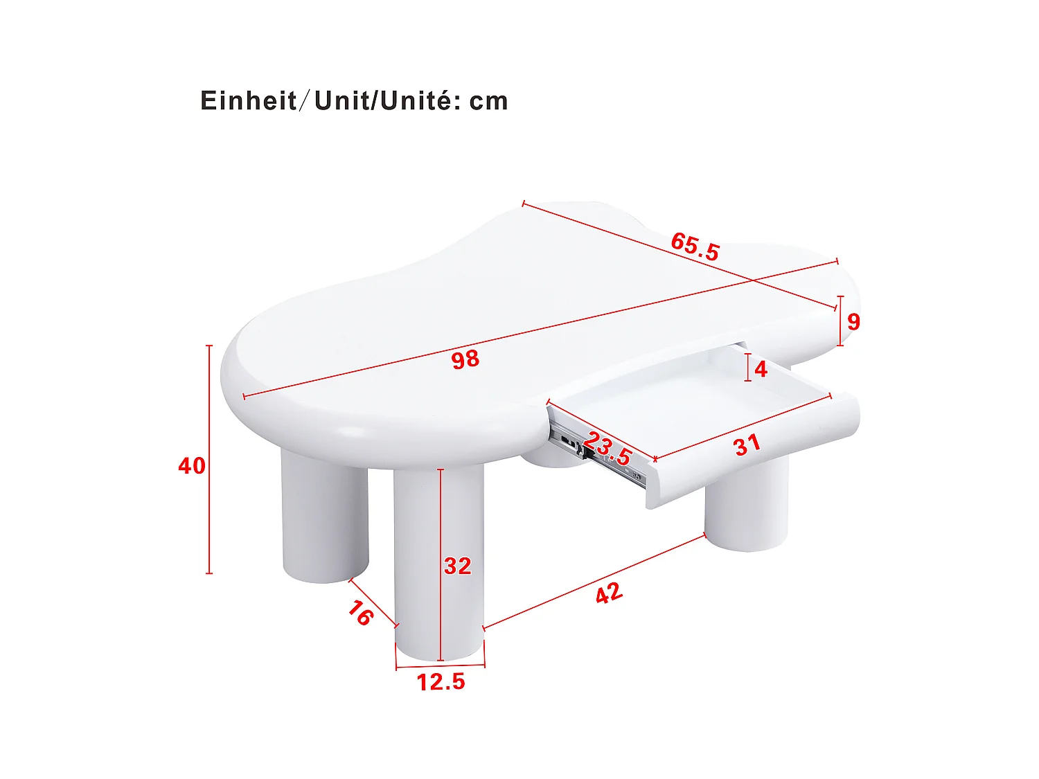 Table basse 98x65.5x40 cm - forme nuage - 1 tiroir - avec éclairage LED - blanc