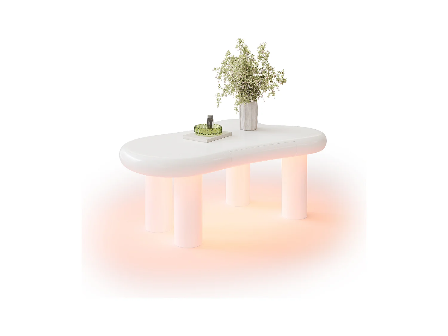 Table basse 98x65.5x40 cm - forme nuage - 1 tiroir - avec éclairage LED - blanc