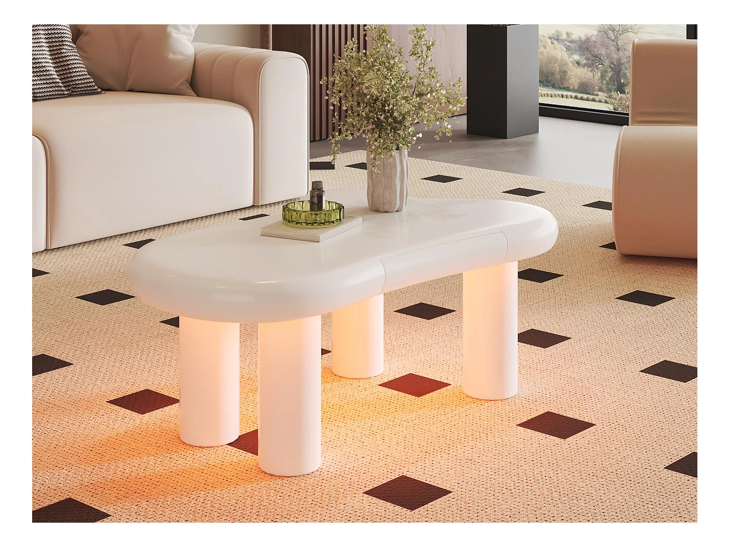 Stolik kawowy 98x65,5x40 cm - kształt chmury - 1 szuflada - z oświetleniem LED - biały