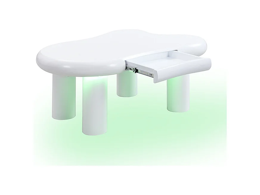 Table basse 98x65.5x40 cm - forme nuage - 1 tiroir - avec éclairage LED - blanc