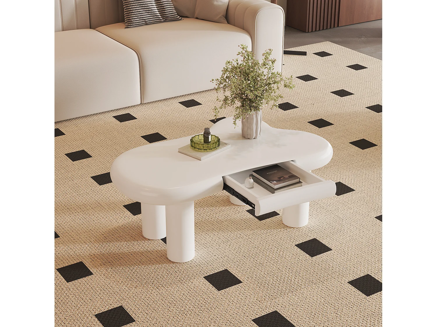 Tavolino 98x65.5x40 cm - forma a nuvola - 1 cassetto - con illuminazione LED - bianco