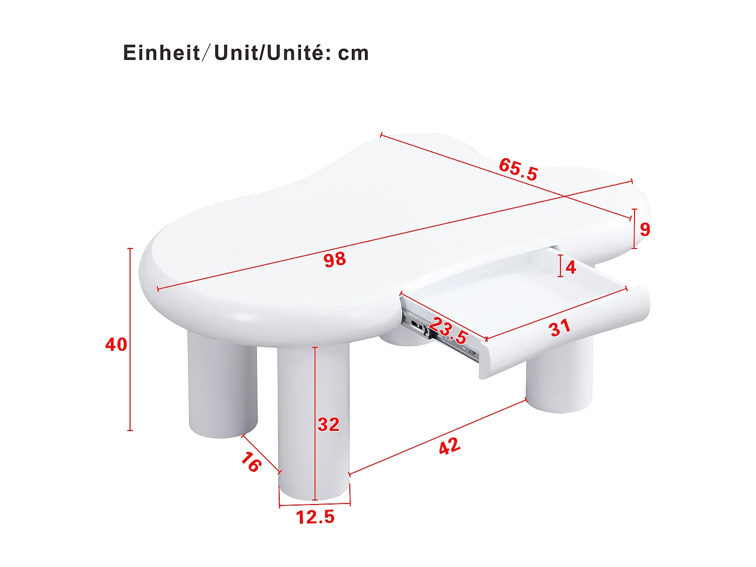 Tavolino 98x65.5x40 cm - forma a nuvola - 1 cassetto - con illuminazione LED - bianco