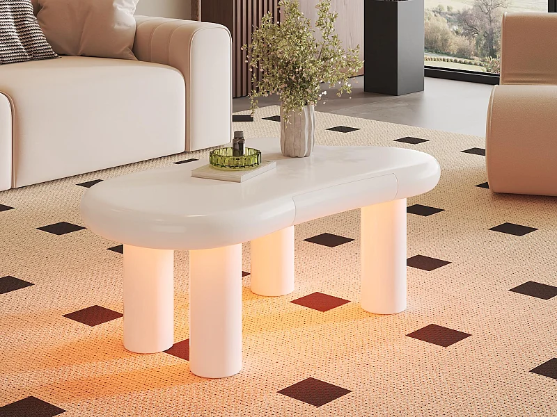 Couchtisch 98x65,5x40 cm - Wolkenform - 1 Schublade - mit LED-Beleuchtung - weiß