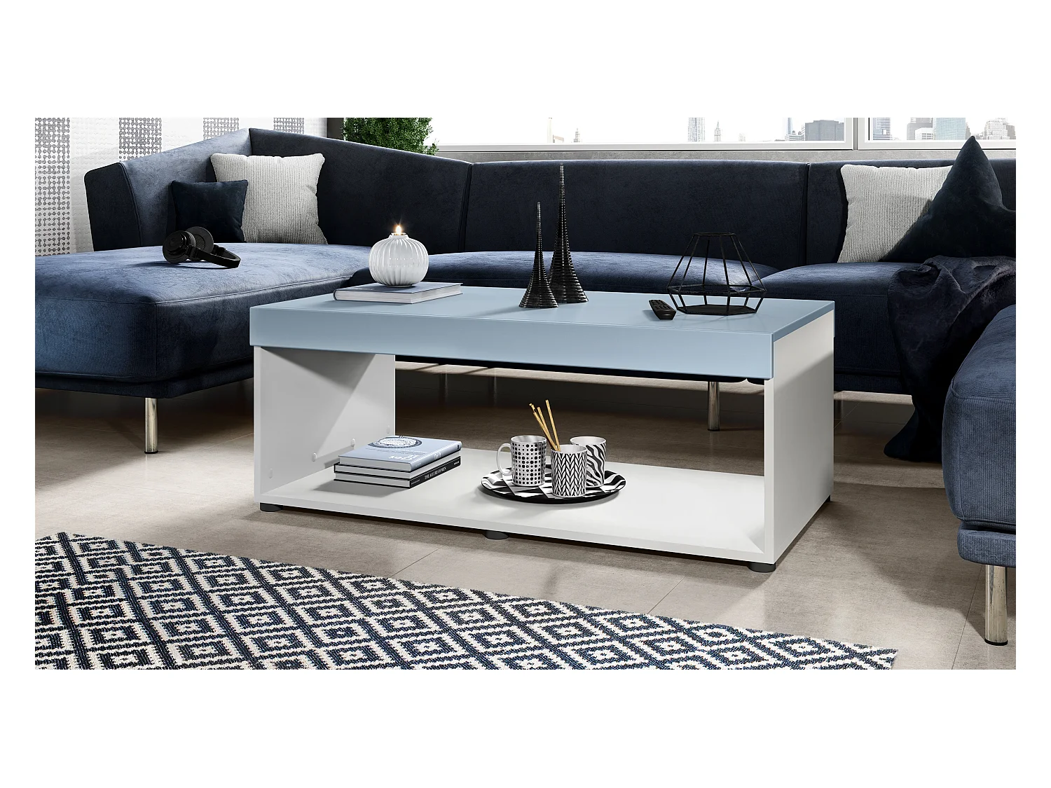 Table de salon Pure, Table basse rectangulaire, Blanc mat/Denim mat (104 x 40,5 x 58 cm)